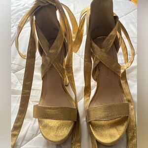 Gold Platform Heels with Ribbon Ties